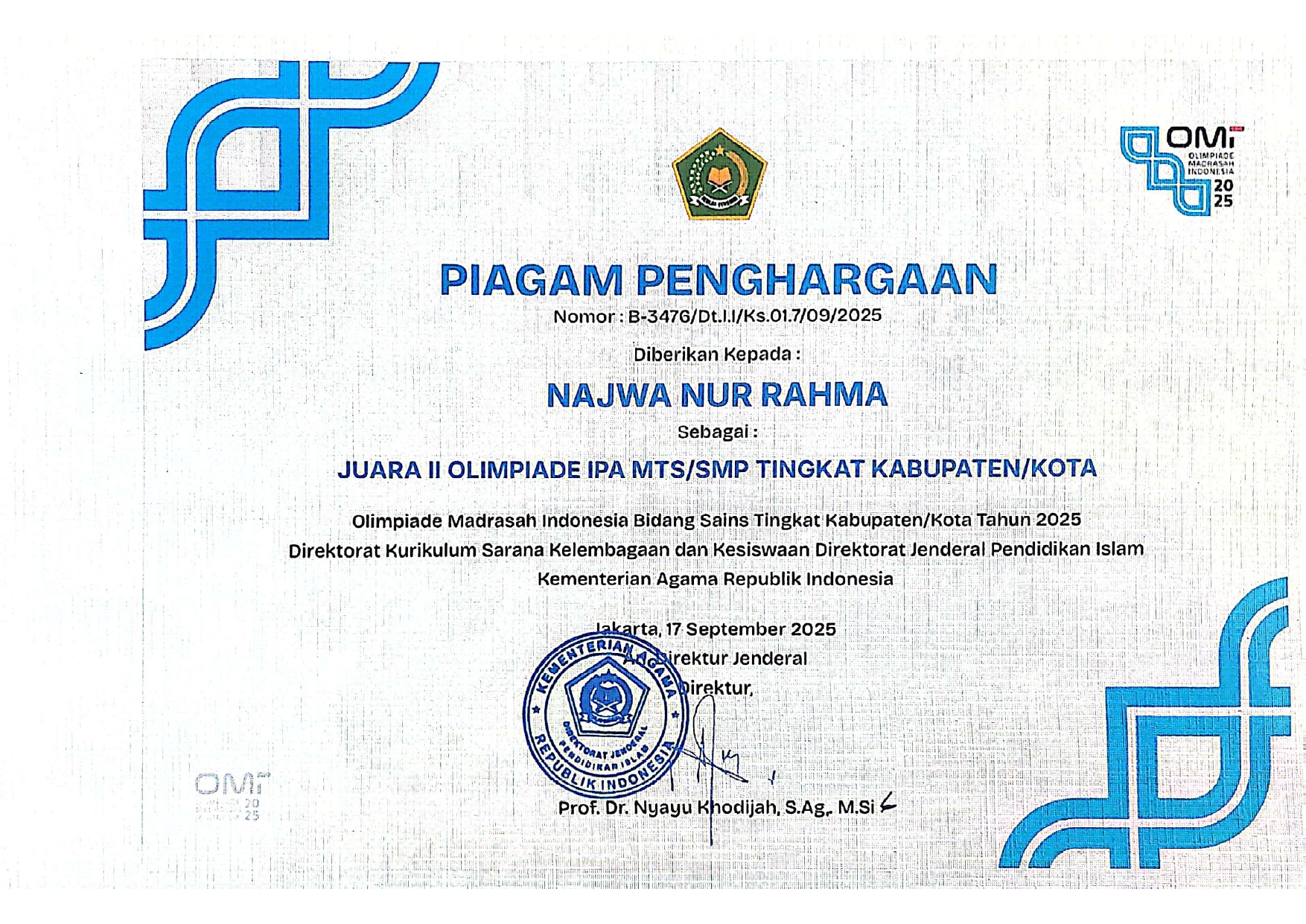 OLIMPIADE MADRASAH INDONESIA(OMI) IPA MTS/SMP TINGKTAT KABUPATEN/KOTA 2025